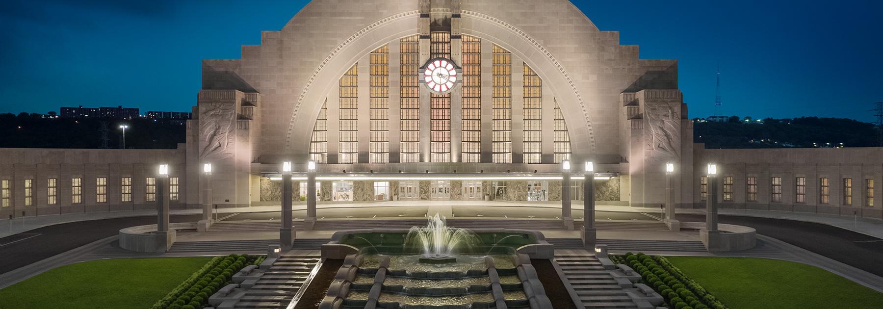 image of union terminal exterior at dark